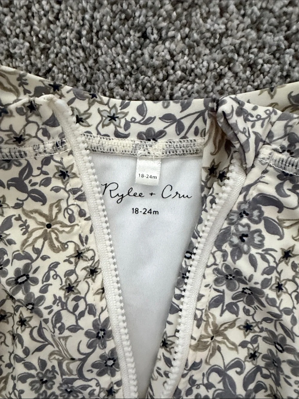 Rylee + Cru Cream and Navy Floral Long-Sleeve One-Piece Swim